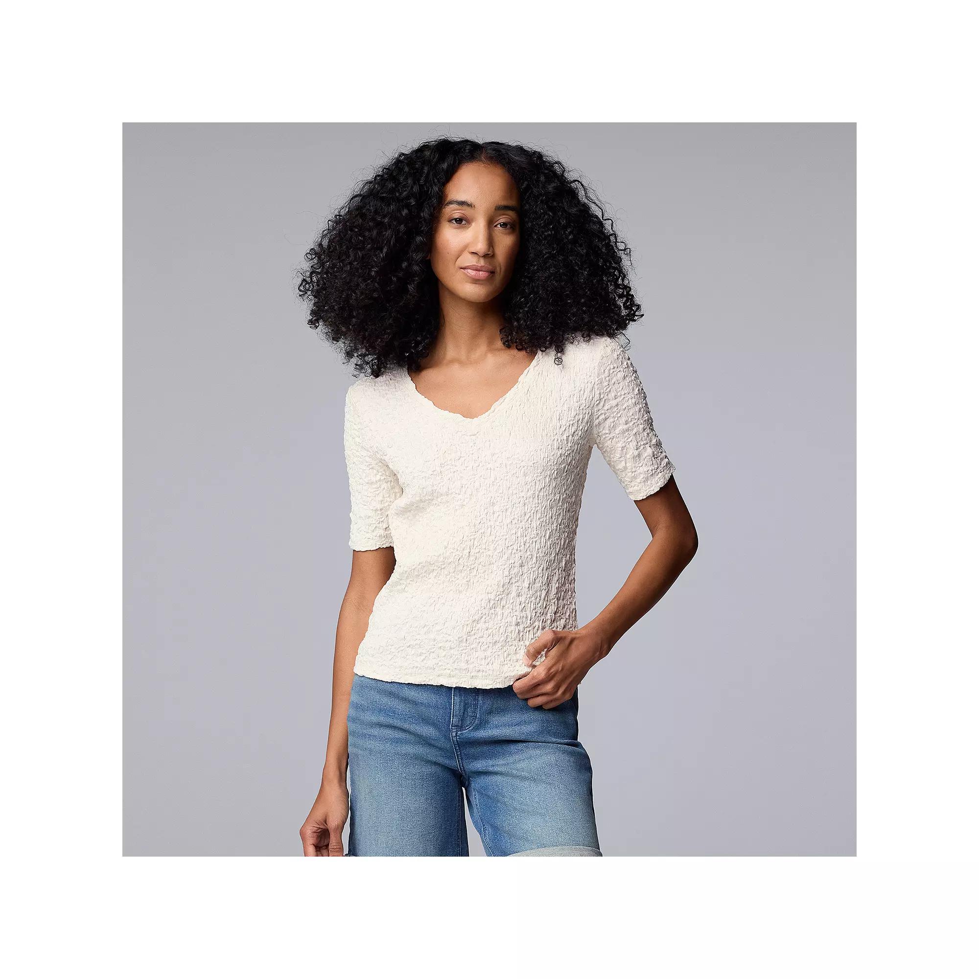 Women's Simply Vera Vera Wang V-Neck Short Sleeve Pucker Top, Size: Medium, Brown Product Image