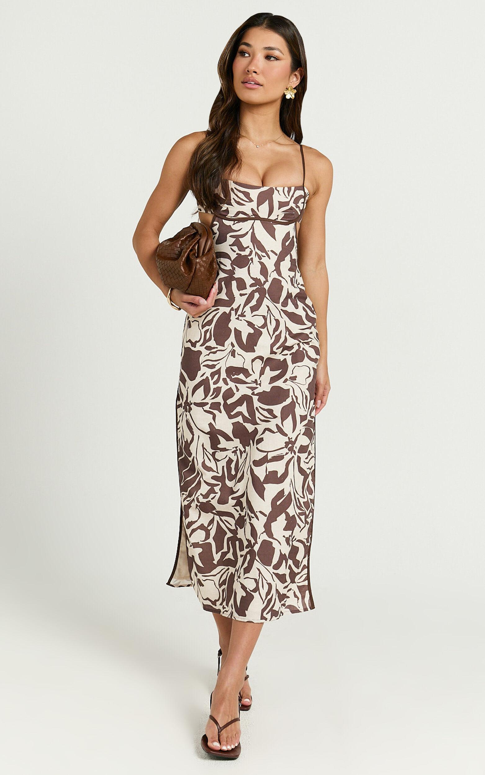 Gibson Midi Dress - Linen Scoop Neck Back Tie Dress in Tonal Stencil Floral Product Image