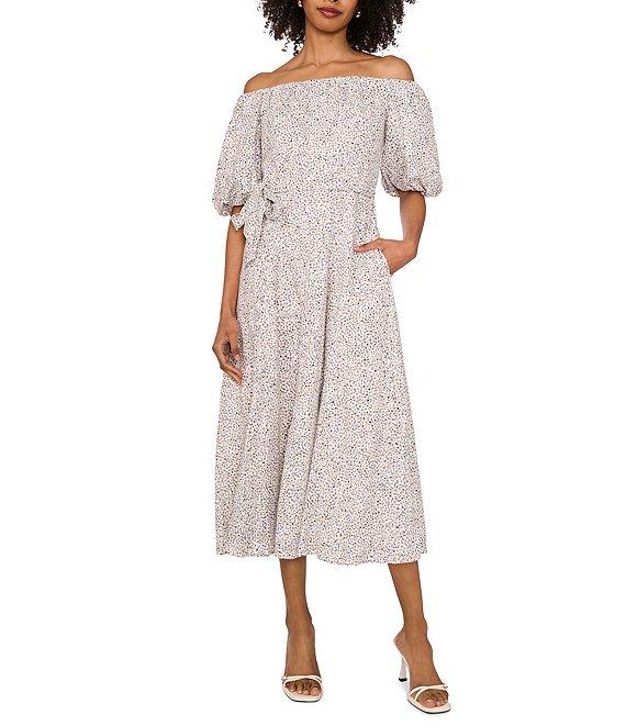 Vince Camuto Woven Off-Shoulder Puff Short Sleeve A Line Midi Dress Product Image