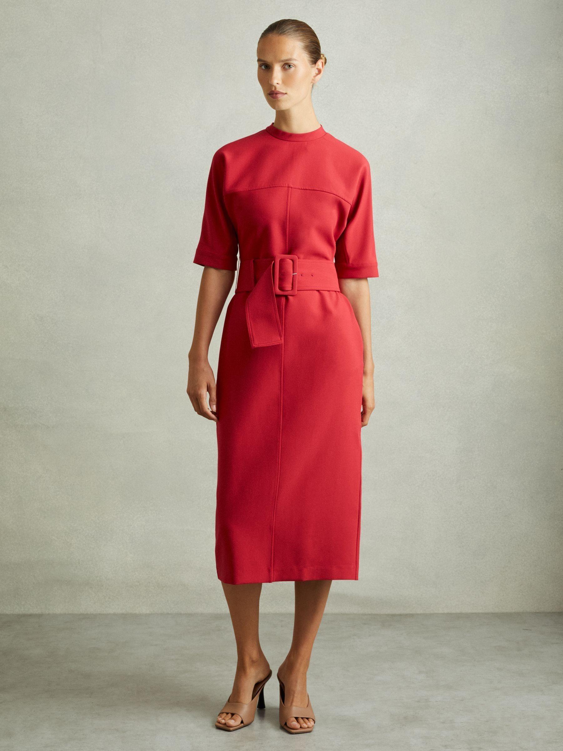 Belted Midi Dress in Red Product Image