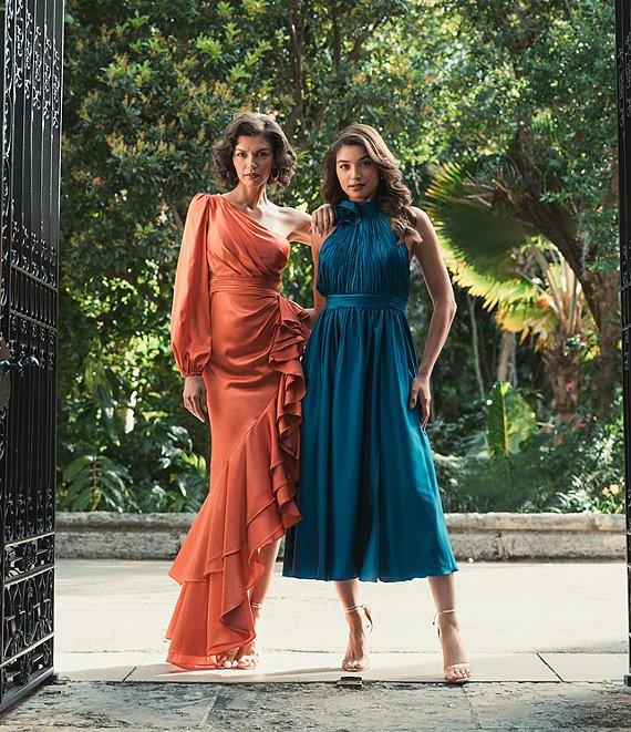 Mac Duggal Ruffle Asymmetrical Hemline Cut Out Side One Shoulder Long Blouson Sleeve Ruched Gown Product Image