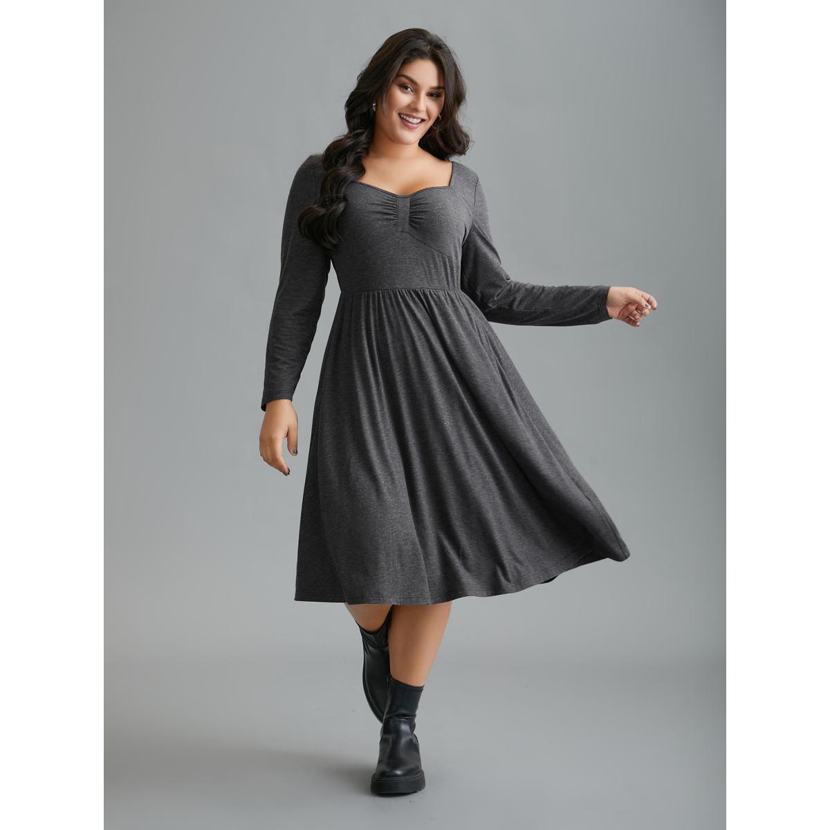 Plus Size Heart Neckline Knit Gathered Midi Dress DimGray Women Casual Gathered Knit Dresses Bloomchic 12/L Product Image