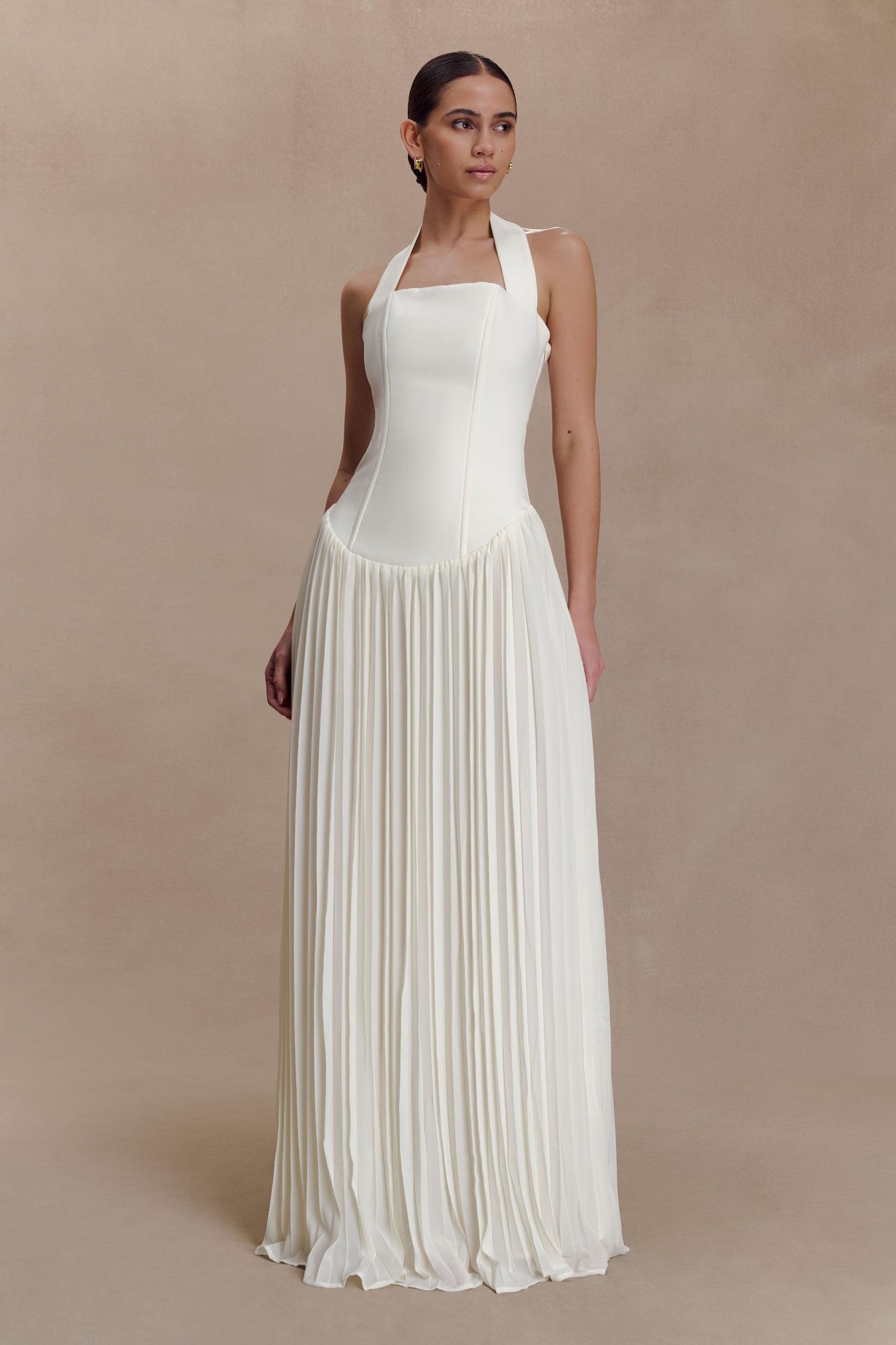 Stacie Pleated Halter Maxi Dress - Ivory Product Image