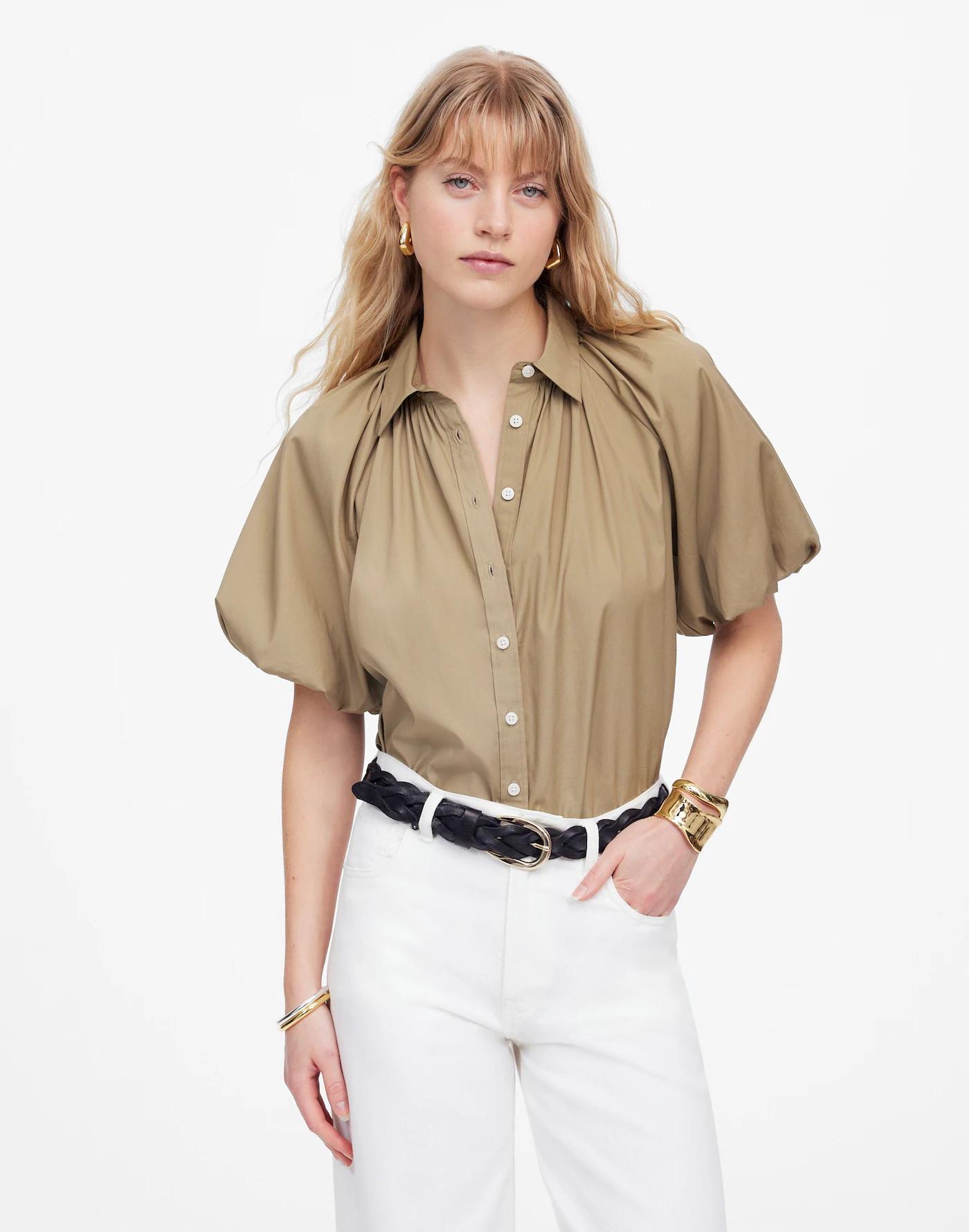 Shirred Bubble-Sleeve Button-Up Shirt Product Image