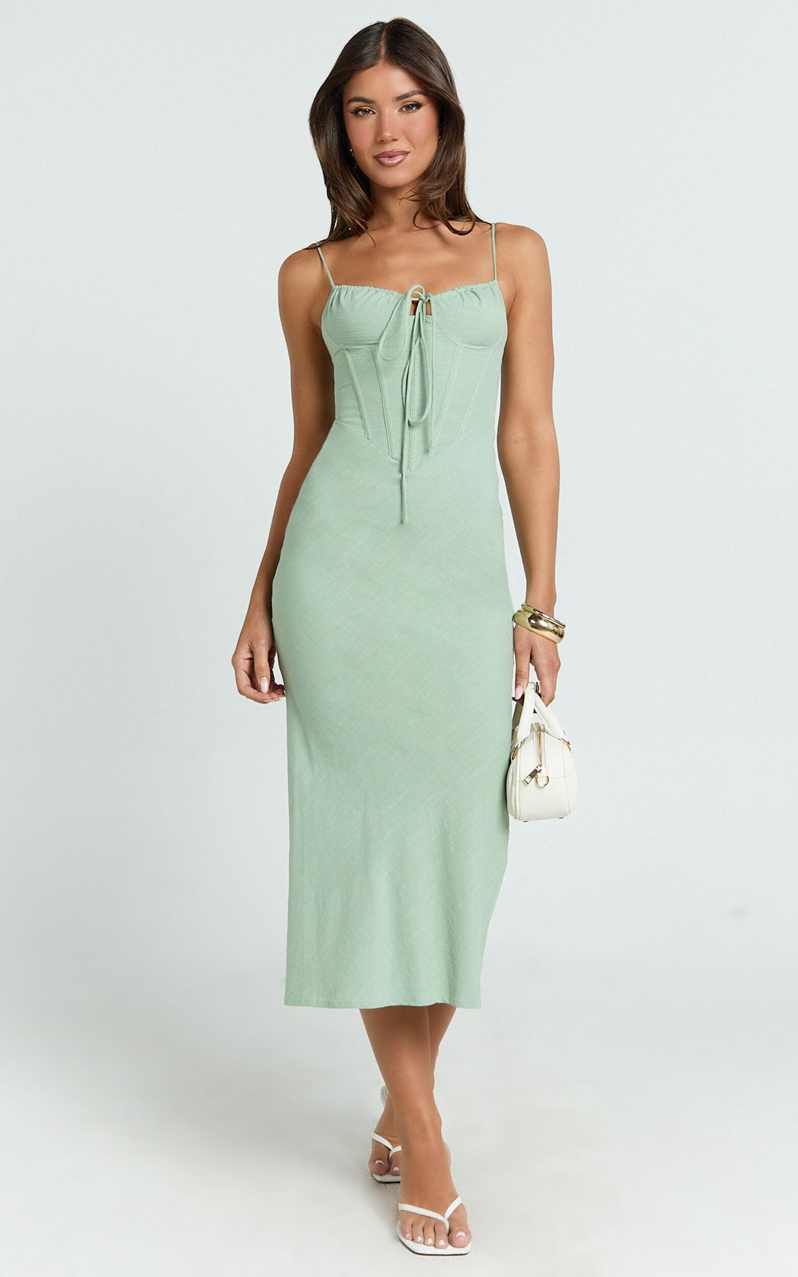 Mikayla Midi Dress - Linen Scoop Neck Ruched Bust Corset Waist Bias Skirt Dress in Sage Product Image