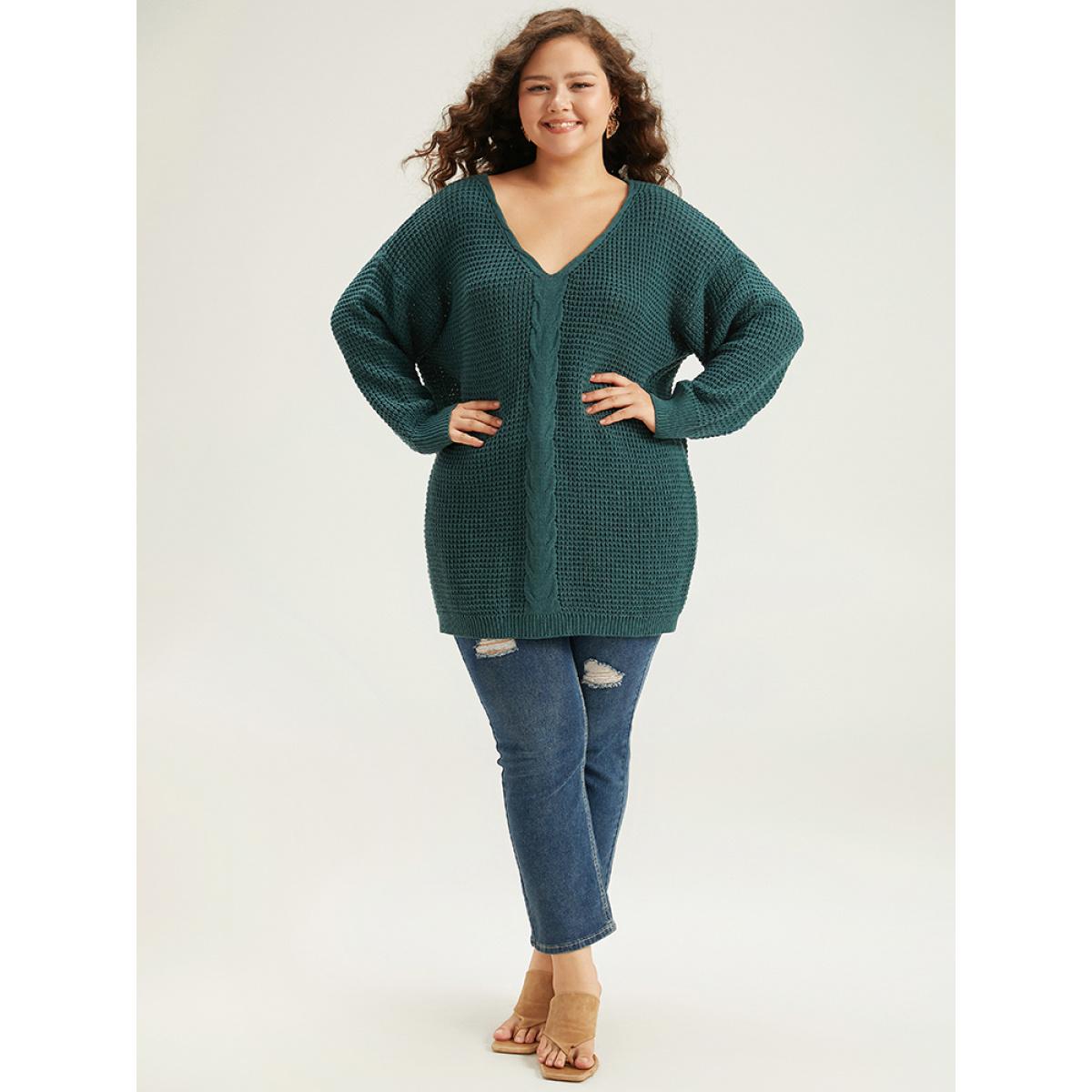 Plus Size Cable Knit Plain Elastic Cuffs Pullover Cyan Women Casual Loose Long Sleeve V-neck Dailywear Pullovers BloomChic 18-20/2X Product Image