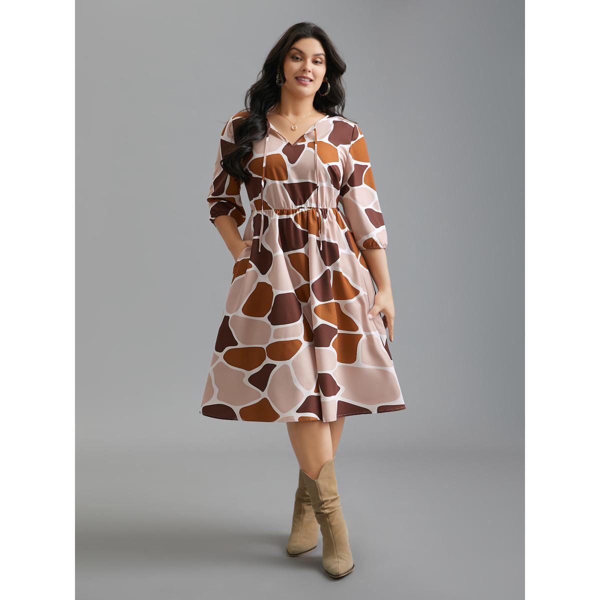 Plus Size Neck-Tie Color Block Waist Cinched Dress Multicolor Women Casual Tie knot V-neck Elbow-length sleeve Curvy BloomChic 10/M Product Image