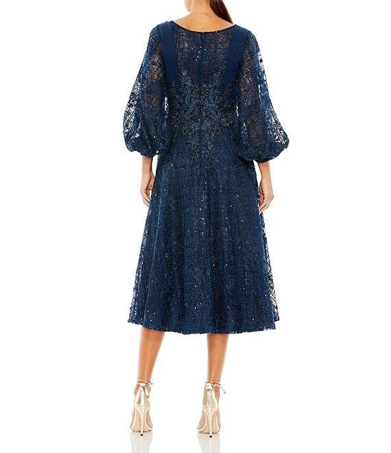 Mac Duggal Deep V-Neck 3/4 Balloon Sleeve A-Line Midi Dress Product Image