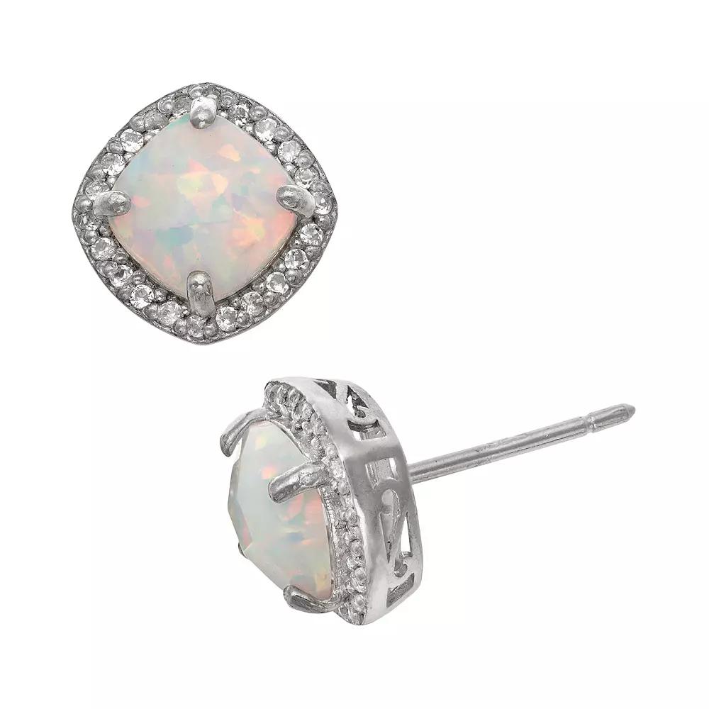Sterling Silver Lab-Created Opal and Lab-Created White Sapphire Halo Stud Earrings, Women's Product Image