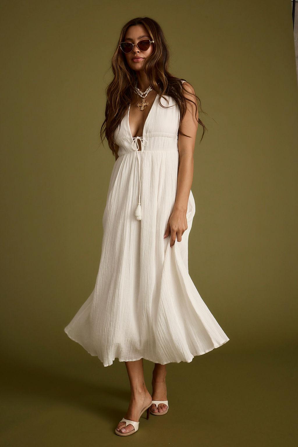 Turks Plunge White Gauze Maxi Dress Product Image