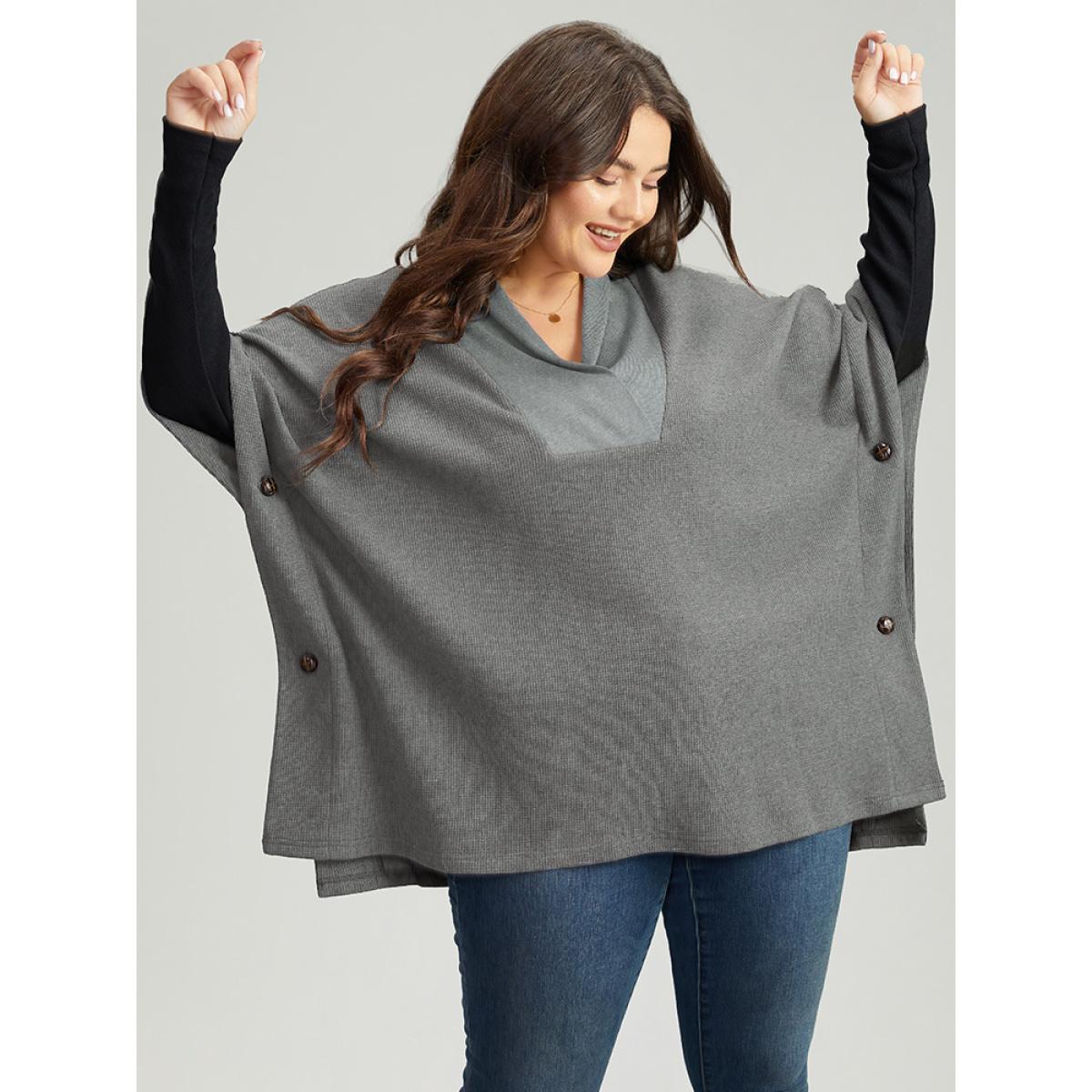Plus Size Waffle Knit Batwing Sleeve Lapel Collar Sweatshirt Women Gray Casual Patchwork Lapel Collar Dailywear Sweatshirts BloomChic 28/5X Product Image