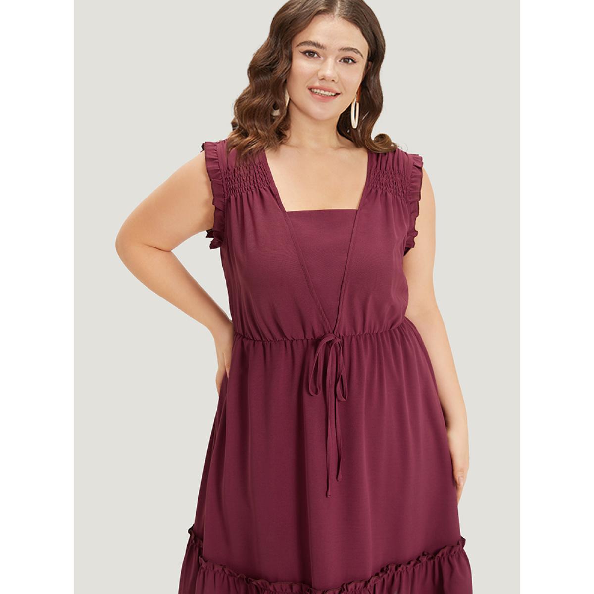 Plus Size Plain Frill Trim Gathered Ties Square Neck Tank Dress Burgundy Women Elegant Plain Square Neck Sleeveless Curvy Midi Dress BloomChic 12/L Product Image