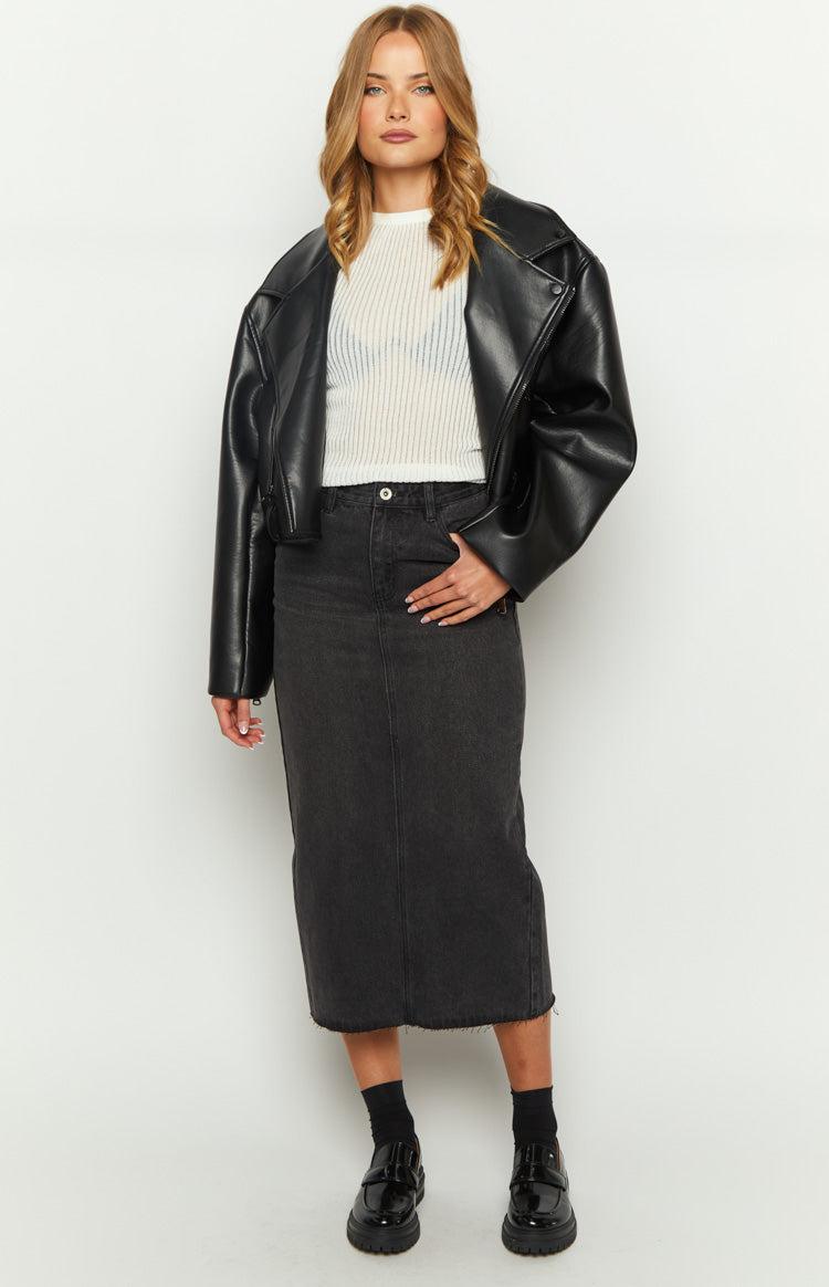 Isla Washed Black Denim Midi Skirt Product Image