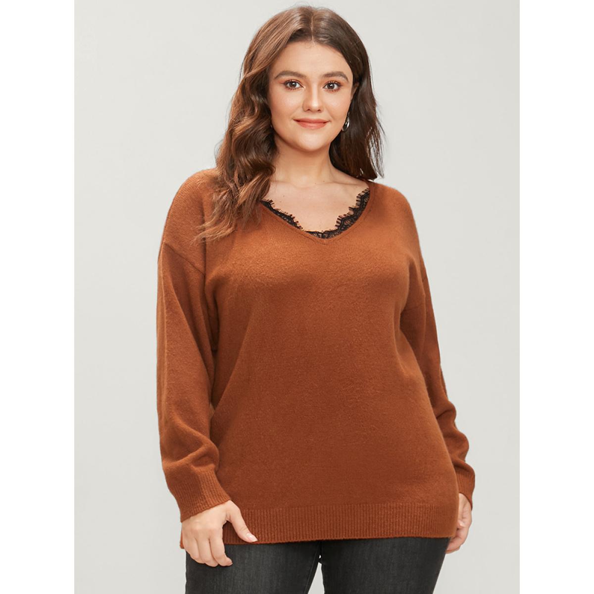Plus Size Solid Pointelle Knit Lace Trim V Neck Knit Top Bronze Women Elegant Loose Long Sleeve V-neck Dailywear Pullovers BloomChic 14-16/1X Product Image