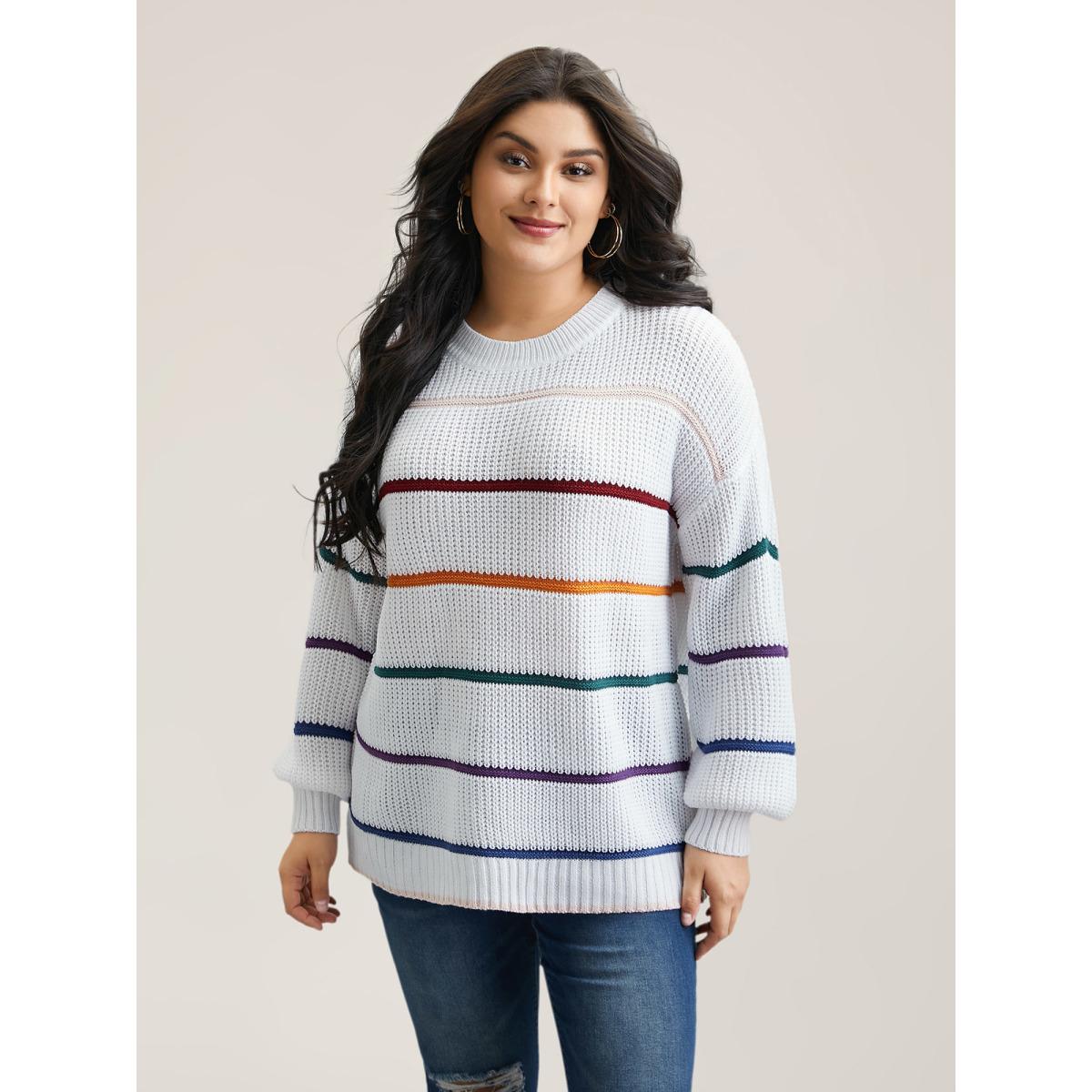 Plus Size Multi-Color Textured Balloon Sleeve Pullover Ivory Women Casual Loose Long Sleeve Round Neck Everyday Pullovers BloomChic 30/6X Product Image