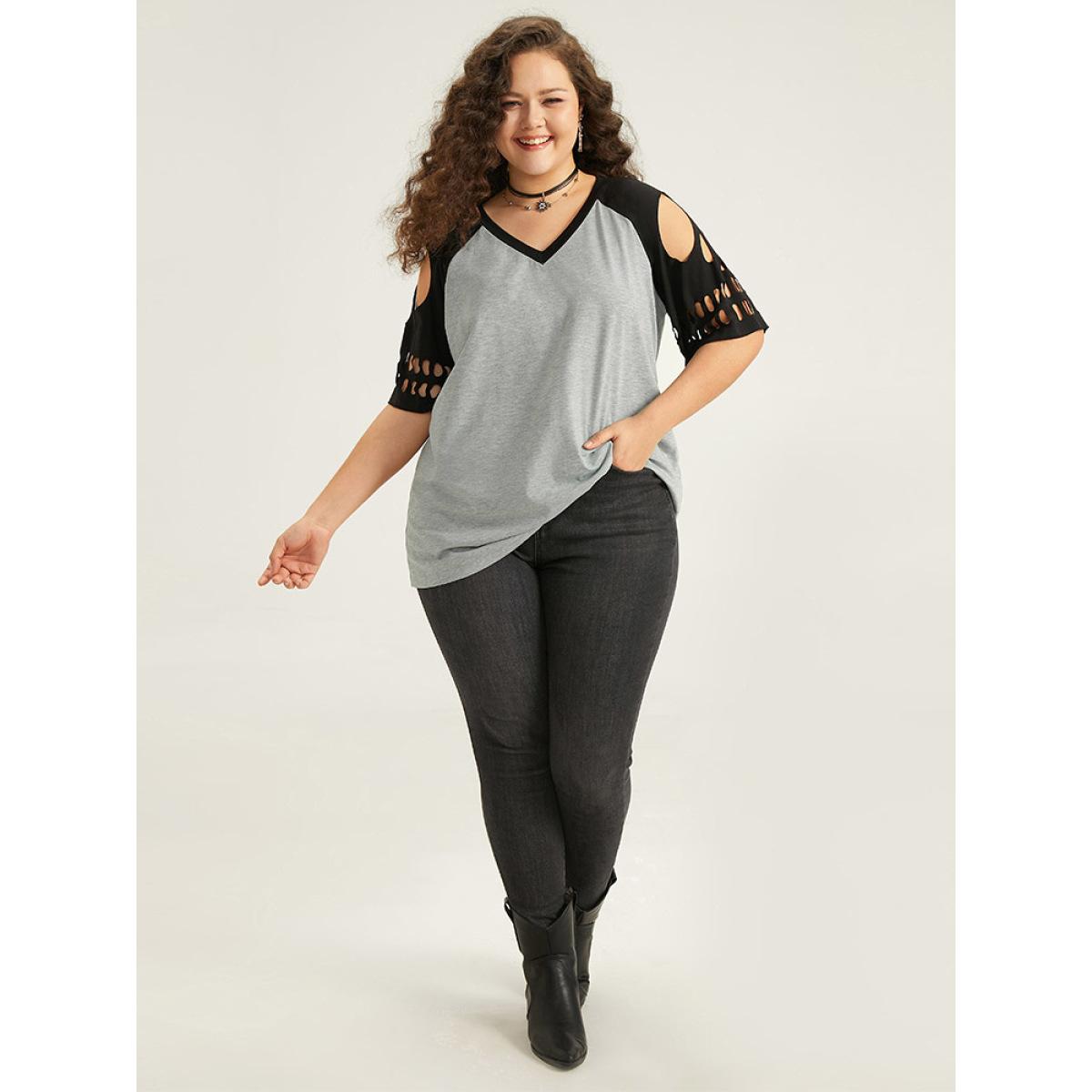 Plus Size Halloween Skull Cut Out Raglan Sleeve T-shirt Gray Women Casual Patchwork Graphic-Halloween V-neck Festival-Halloween T-shirts BloomChic 12/L Product Image