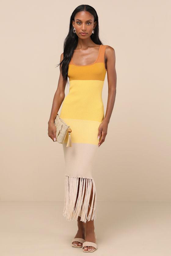 Delfi Yellow Color Block Fringe Sweater Midi Dress Product Image