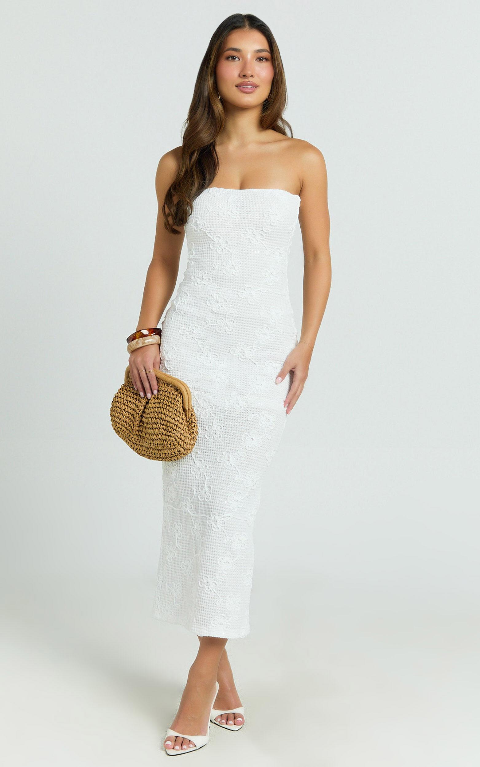 Jamil Midi Dress - Strapless Fitted Jersey Dress in White Product Image