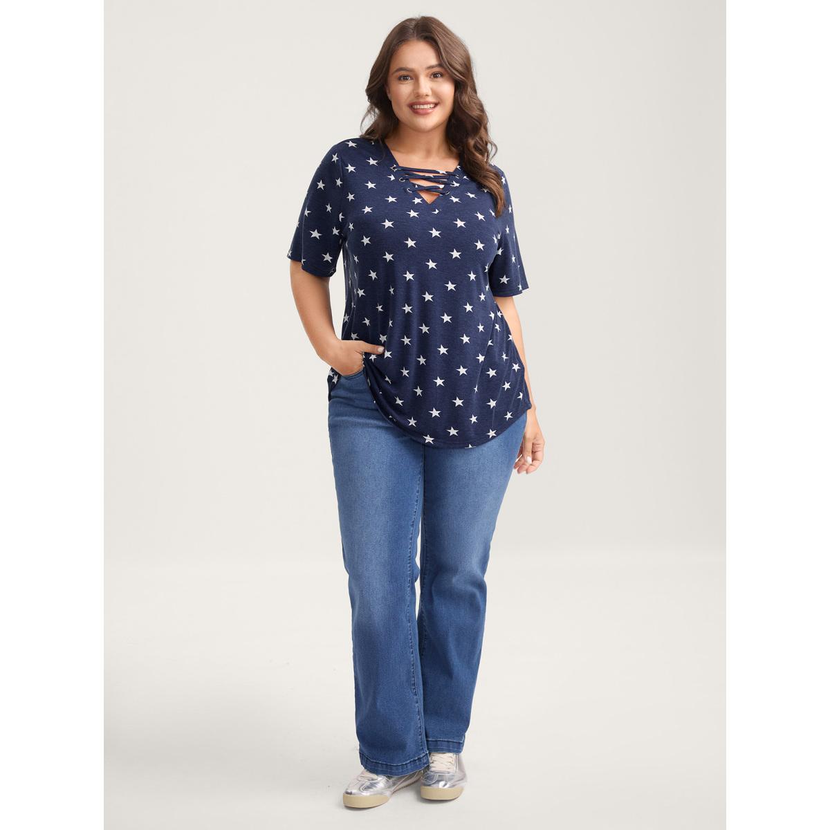 Plus Size Star Print Crisscross Neck Tie T-Shirt Navy Women Leisure Eyelet V-neck Casual T-shirts BloomChic 14-16/1X Product Image