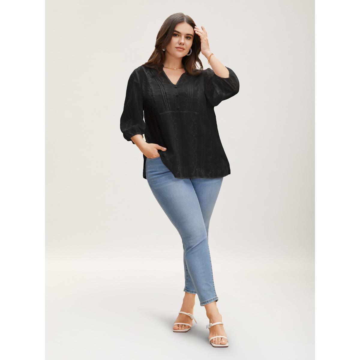 Plus Size Black Texture Mesh Button Detail Tucked Seam Blouse Women Elegant Elbow-length sleeve V-neck Everyday Blouses BloomChic 18-20/2X Product Image