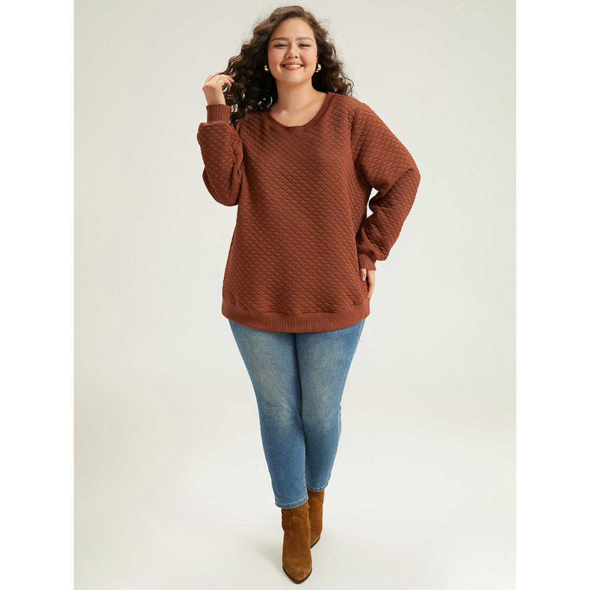 Plus Size Plain Texture Round Neck Sweatshirt Women Chocolate Elegant Elastic cuffs Round Neck Dailywear Sweatshirts BloomChic 22-24/3X Product Image