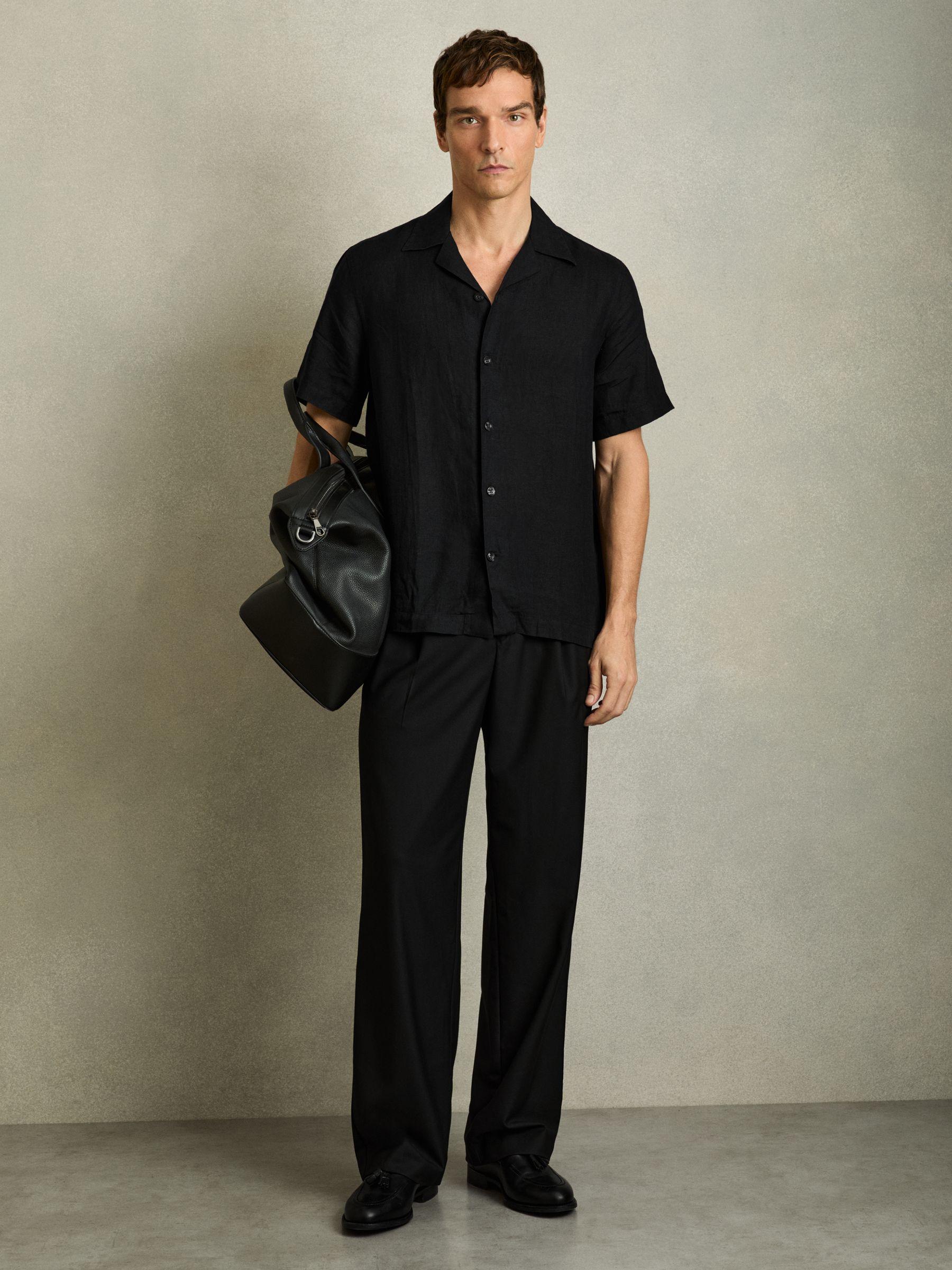 Relaxed Linen Cuban Collar Shirt in Black Product Image