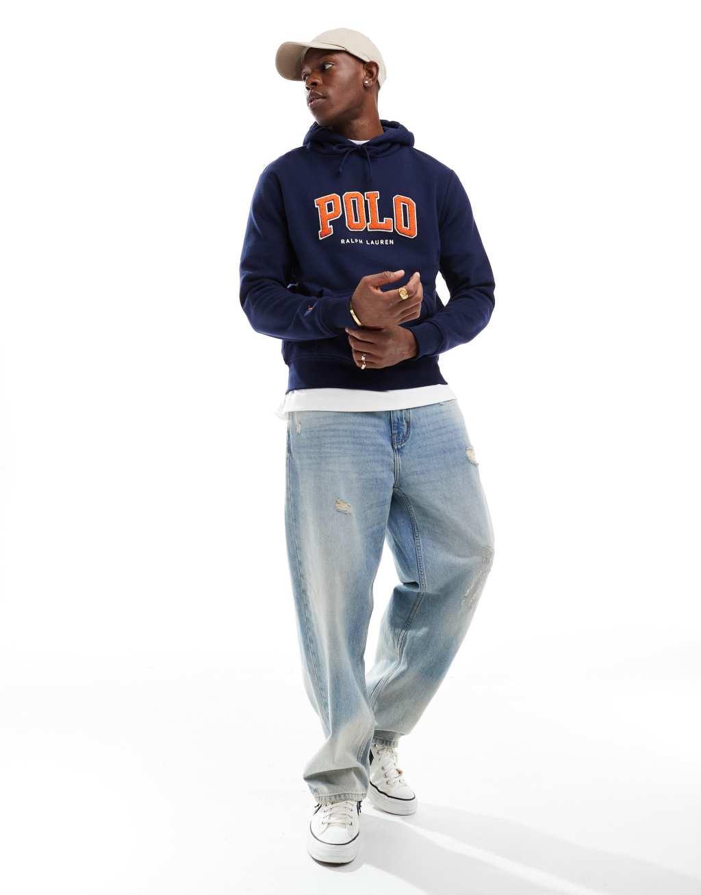 Polo Ralph Lauren chenille applique logo fleece hoodie in navy Product Image