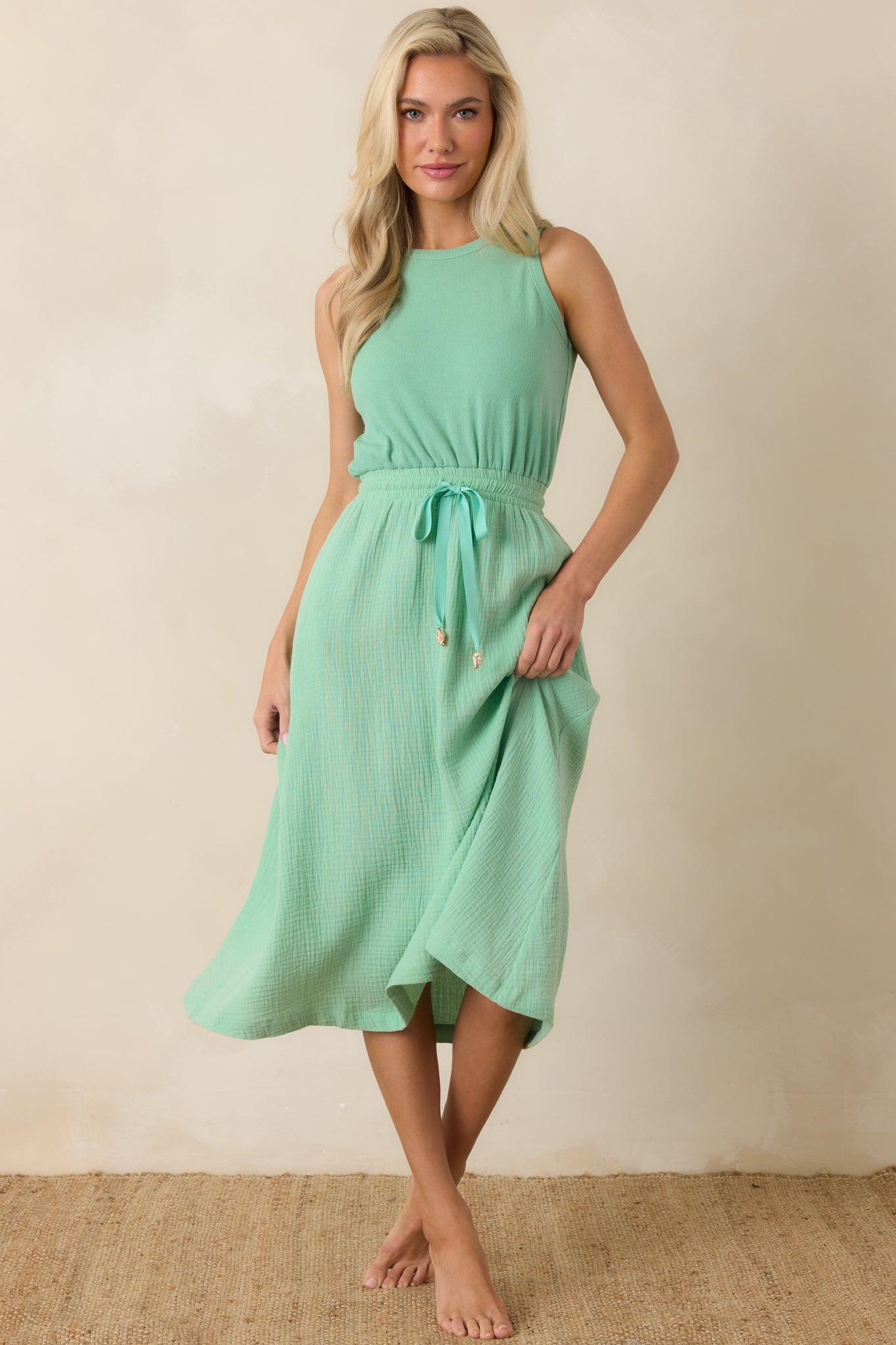 Paradisa Bonita Seaglass Green Cotton Sleeveless Midi Dress Product Image
