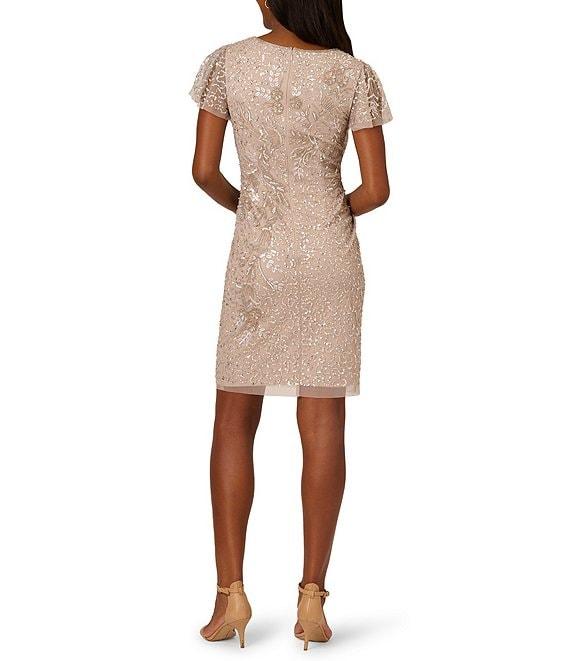 Adrianna Papell Beaded Mesh V Neck Short Flutter Sleeve Sheath Mini Dress Product Image