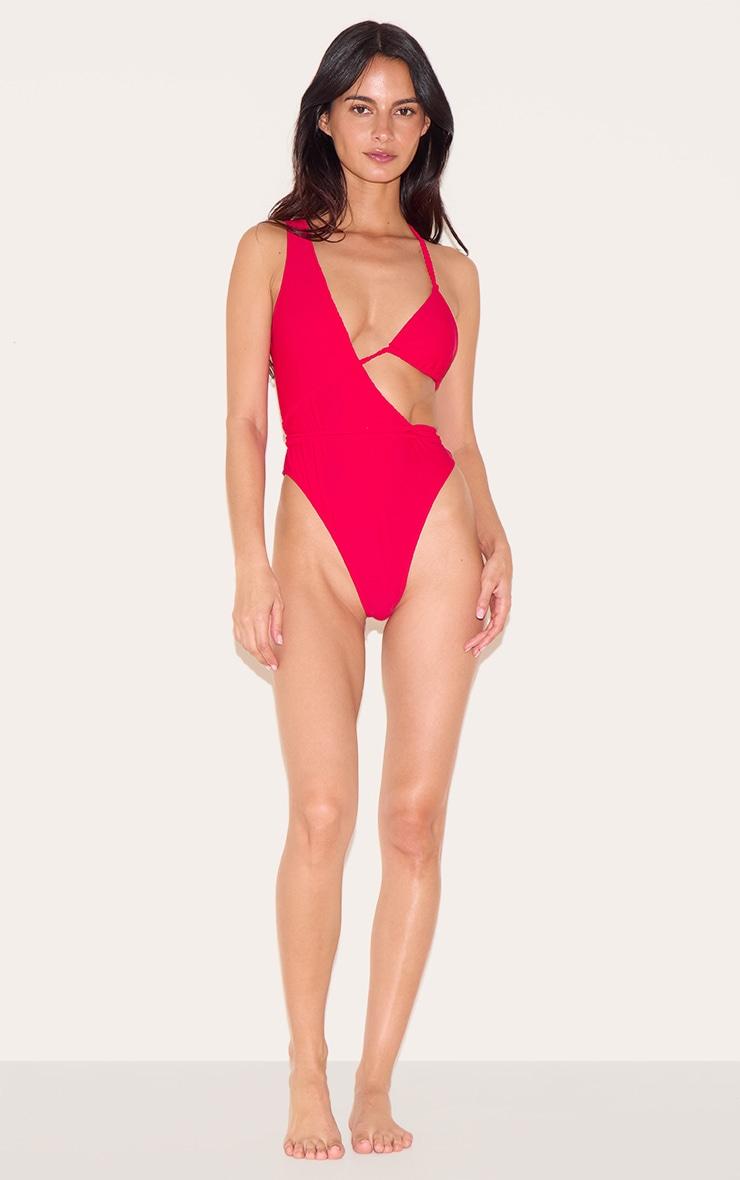 Red Plait Detail Asymmetric Swimsuit Product Image
