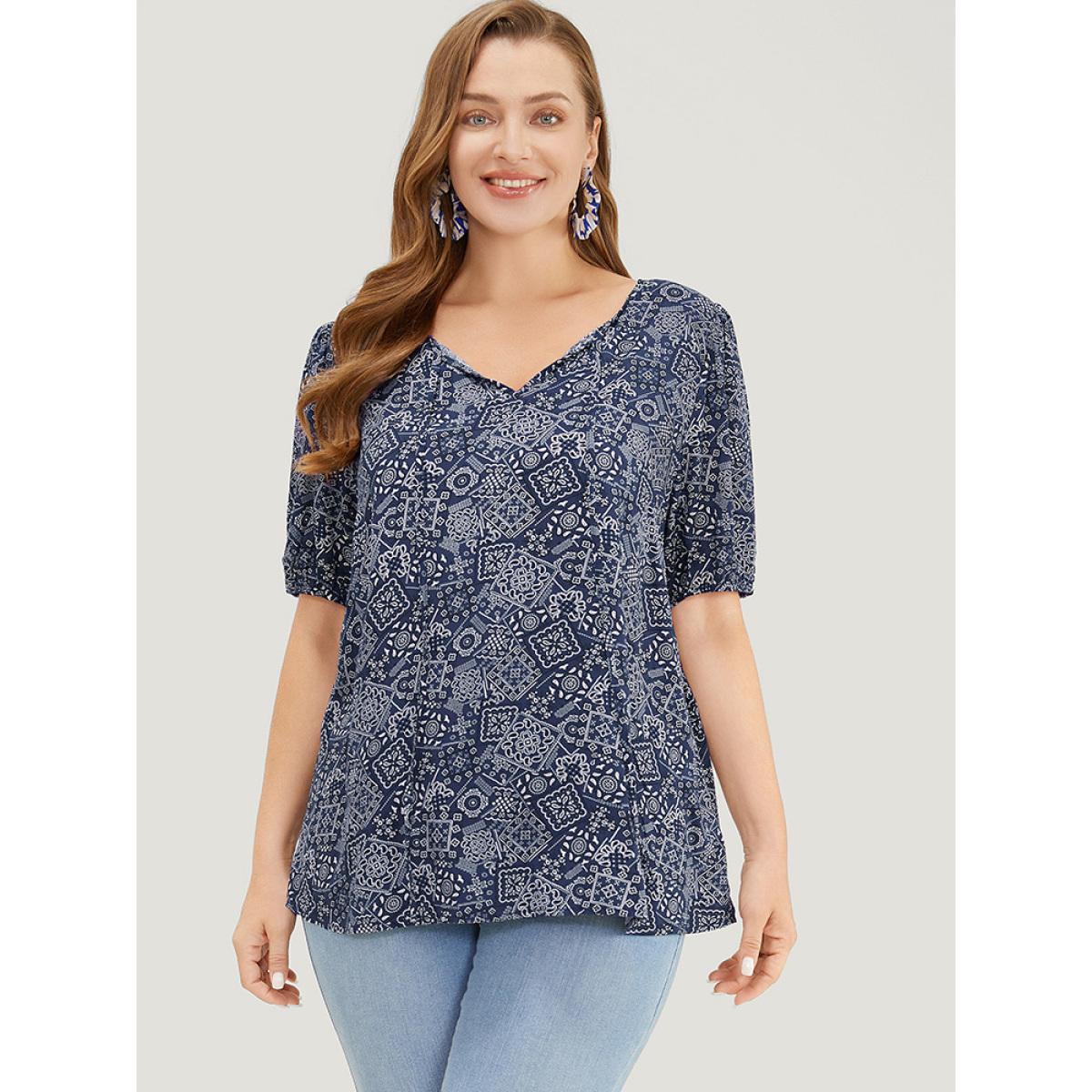 Plus Size Indigo Moroccan Print Keyhole Tie Neck Blouse Women Vacation Short sleeve V-neck Office Blouses BloomChic 28/5X Product Image