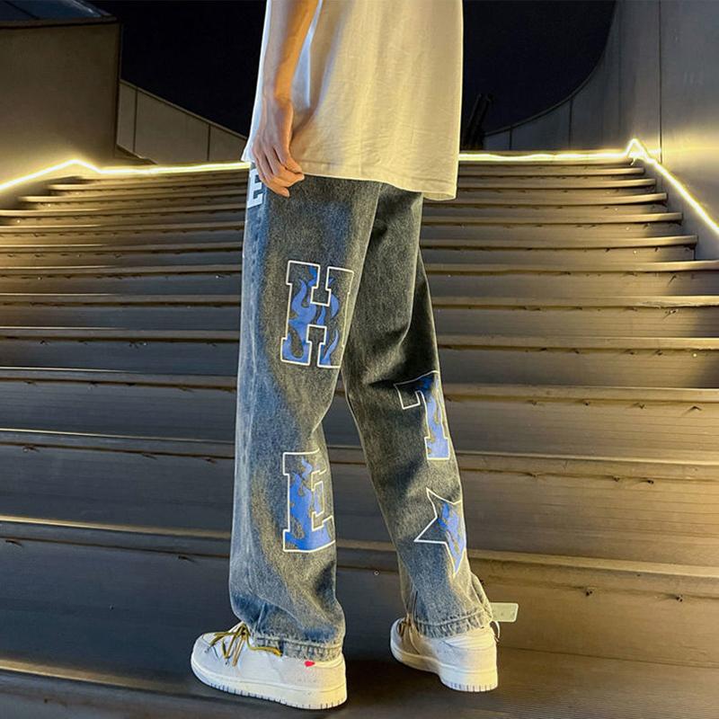 Sopula American High Street Hip Hop Printed Letter Jeans Product Image