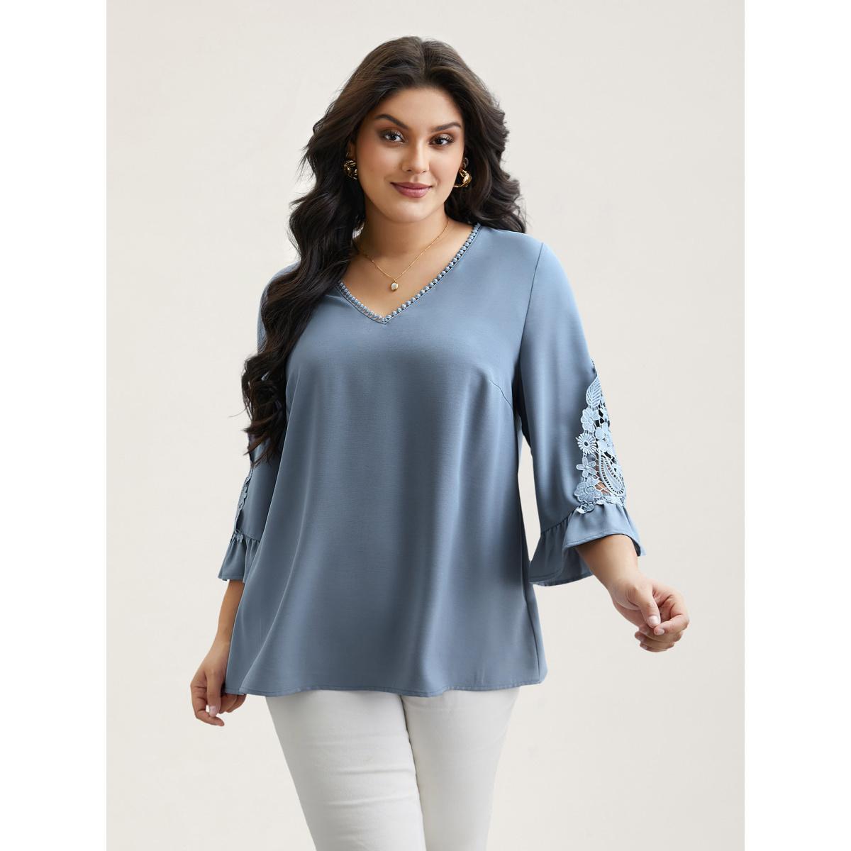 Plus Size Stone Lace Patchwork Ruffled V-Neck Blouse Women Timeless Elbow-length sleeve V-neck Elegant Blouses BloomChic 28/5X Product Image