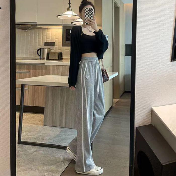 High Waist Heart Embroidered Striped Straight-Fit Wide-Leg Sweatpants Product Image