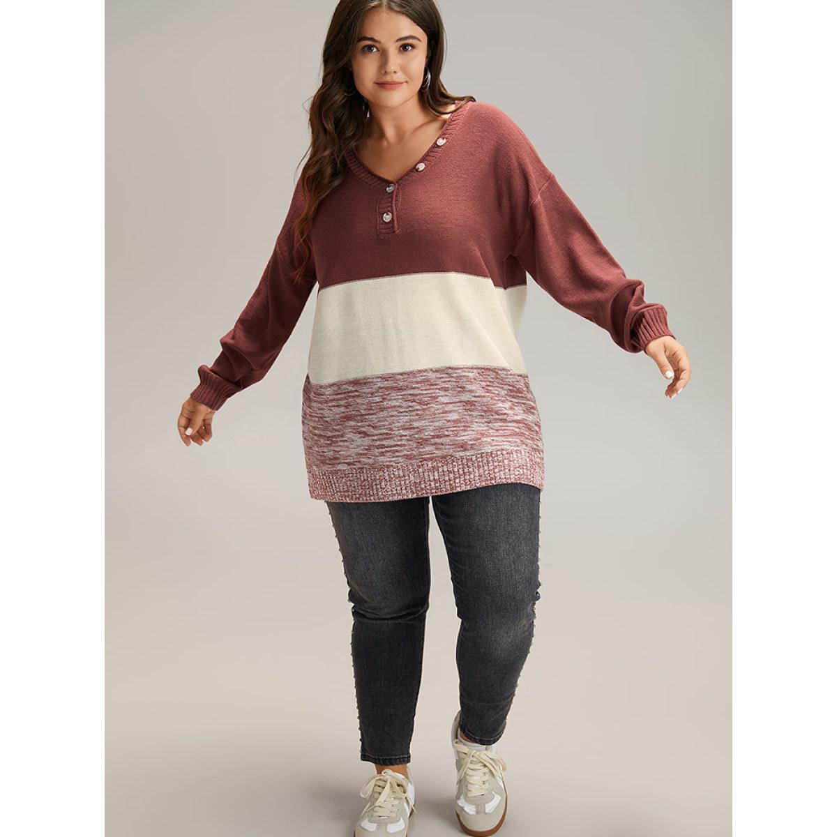 Plus Size Contrast Heather V Neck Button Detail Pullover Russet Women Casual Long Sleeve V-neck Dailywear Pullovers BloomChic 22-24/3X Product Image