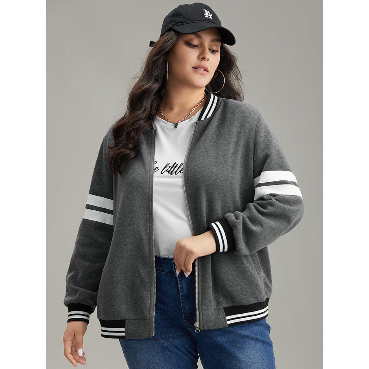 Plus Size Striped Patchwork Contrast Pocket Zipper Bomber Jacket Women DimGray Elastic cuffs Pocket Dailywear Jackets BloomChic 22-24/3X Product Image