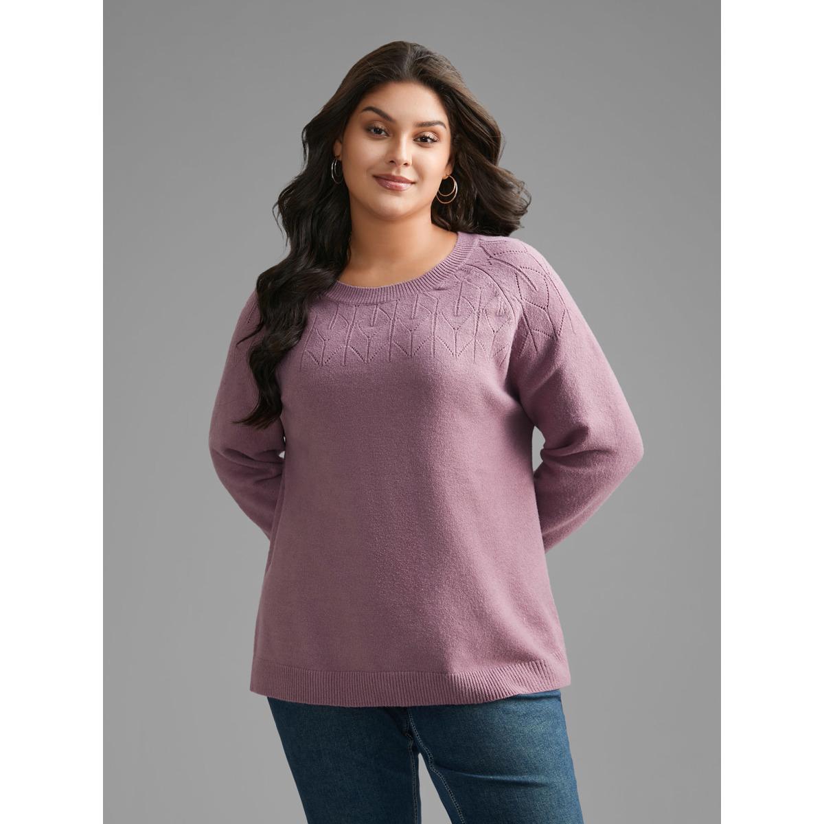 Plus Size Supersoft Essentials Solid Pointelle Knit Pullover Lilac Women Casual Loose Long Sleeve Round Neck Everyday Pullovers BloomChic 28/5X Product Image