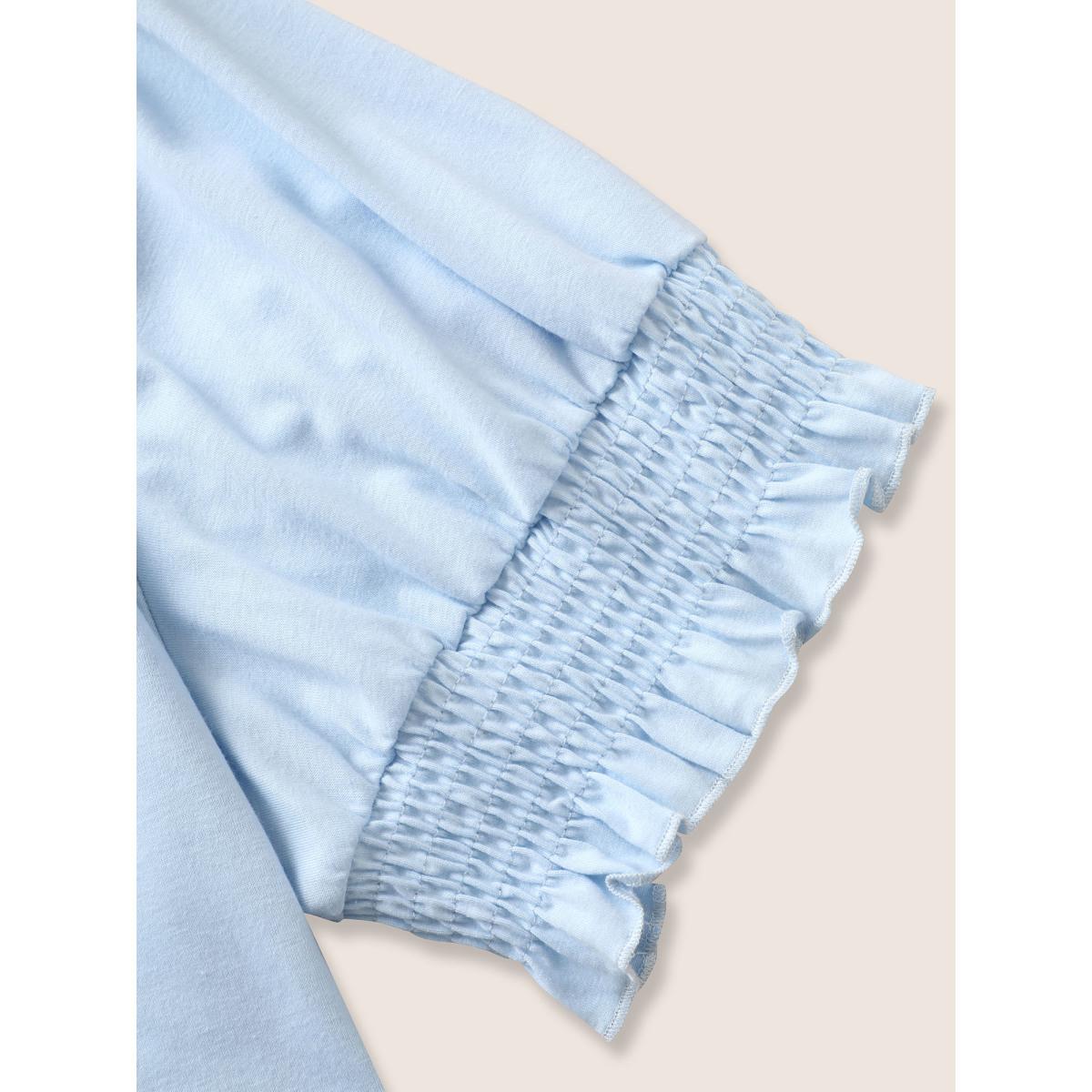 Plus Size Round Neck Solid Shirred Puff Sleeve T-shirt LightBlue Women Elegant Shirred Round Neck Everyday T-shirts BloomChic 12/L Product Image