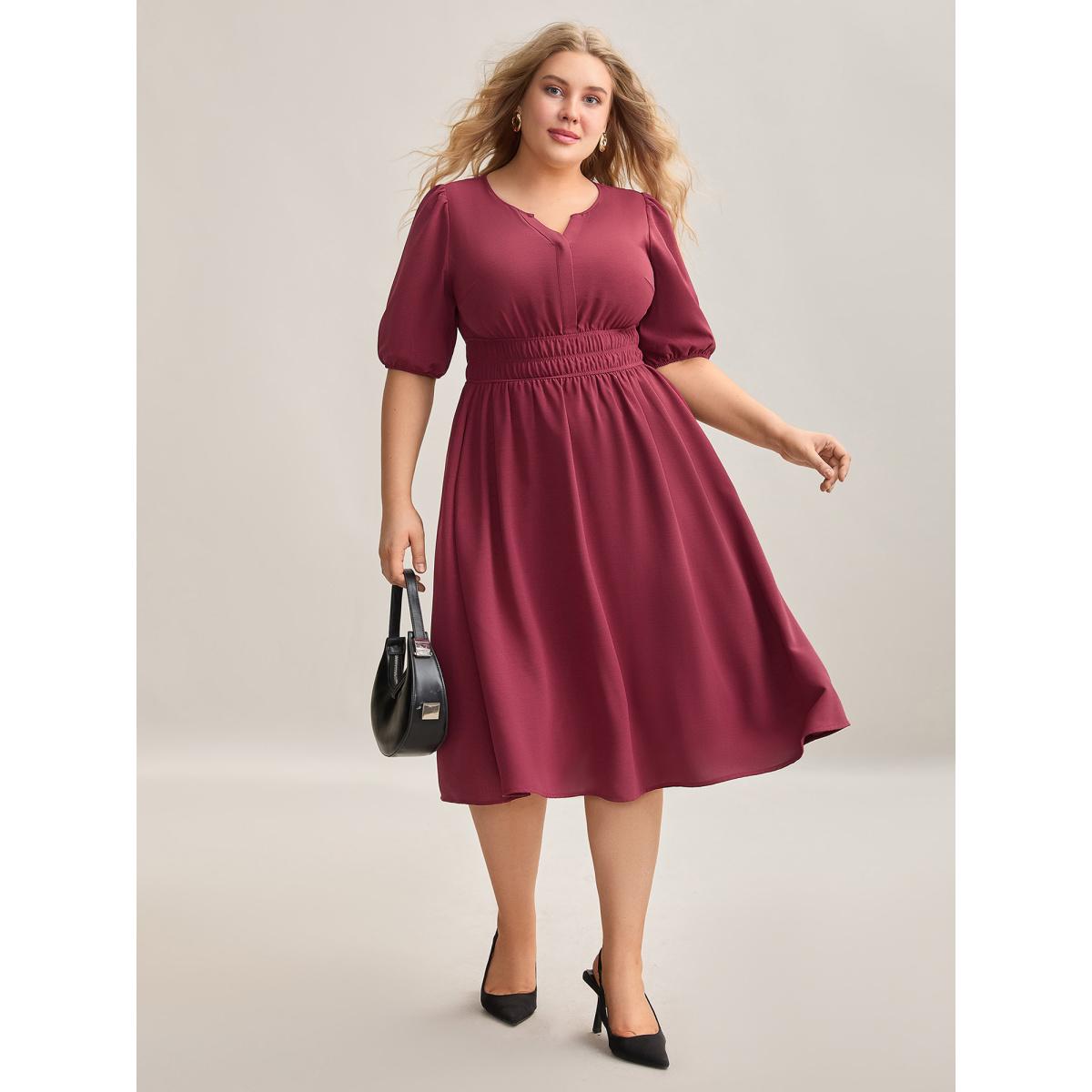 Plus Size Shirred Waist Split Neck Puff Sleeve Dress Burgundy Women At the Office Gathered Flat collar with V-notch Half Sleeve Curvy BloomChic 14-16/1X Product Image
