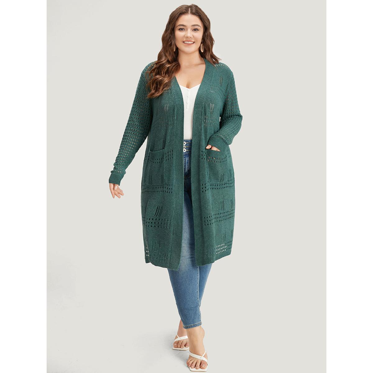 Plus Size Solid Split Side Open Front Maxi Cardigan Emerald Women Casual Loose Long Sleeve Dailywear Cardigans BloomChic 28/5X Product Image