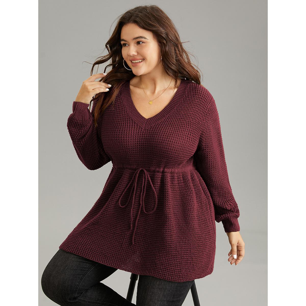 Plus Size Solid Drawstring Curved Hem Knit Pullover Burgundy Women Casual Long Sleeve V-neck Everyday Pullovers BloomChic 22-24/3X Product Image