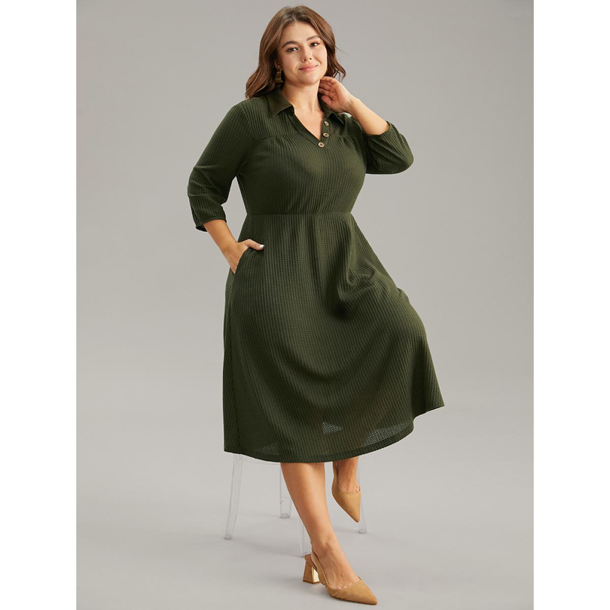 Plus Size Waffle Knit Button Detail Lapel Collar Dress ArmyGreen Women Elegant Elastic cuffs Lapel Collar Elbow-length sleeve Curvy Midi Dress BloomChic 18-20/2X Product Image