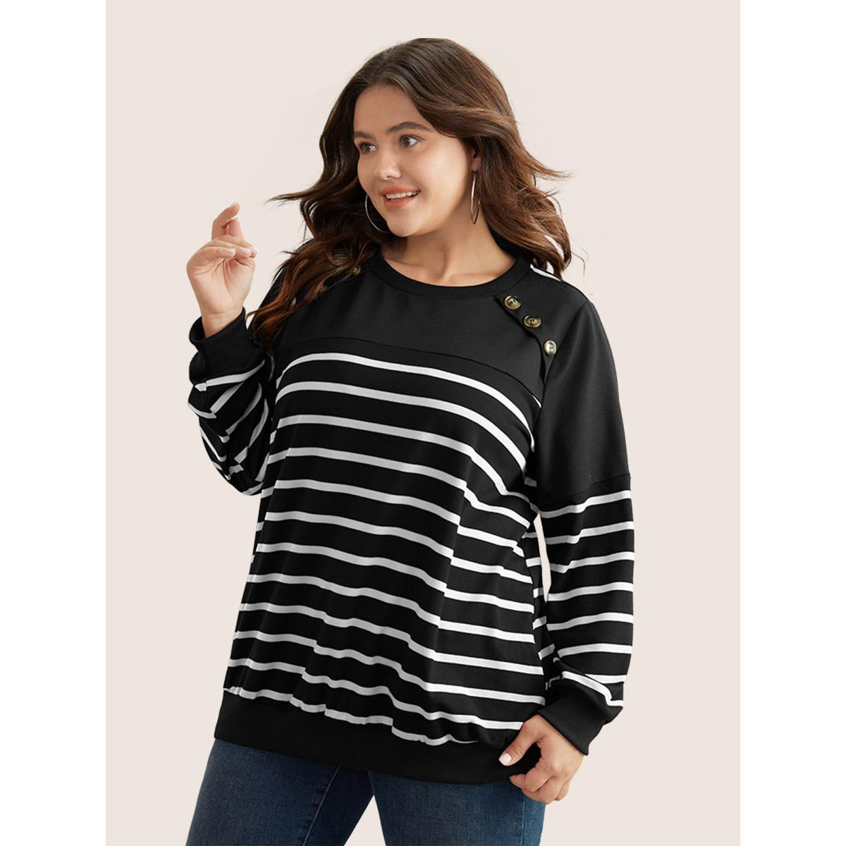 Plus Size Striped Patchwork Button Detail Sweatshirt Women Black Casual Non Round Neck Everyday Sweatshirts BloomChic 28/5X Product Image