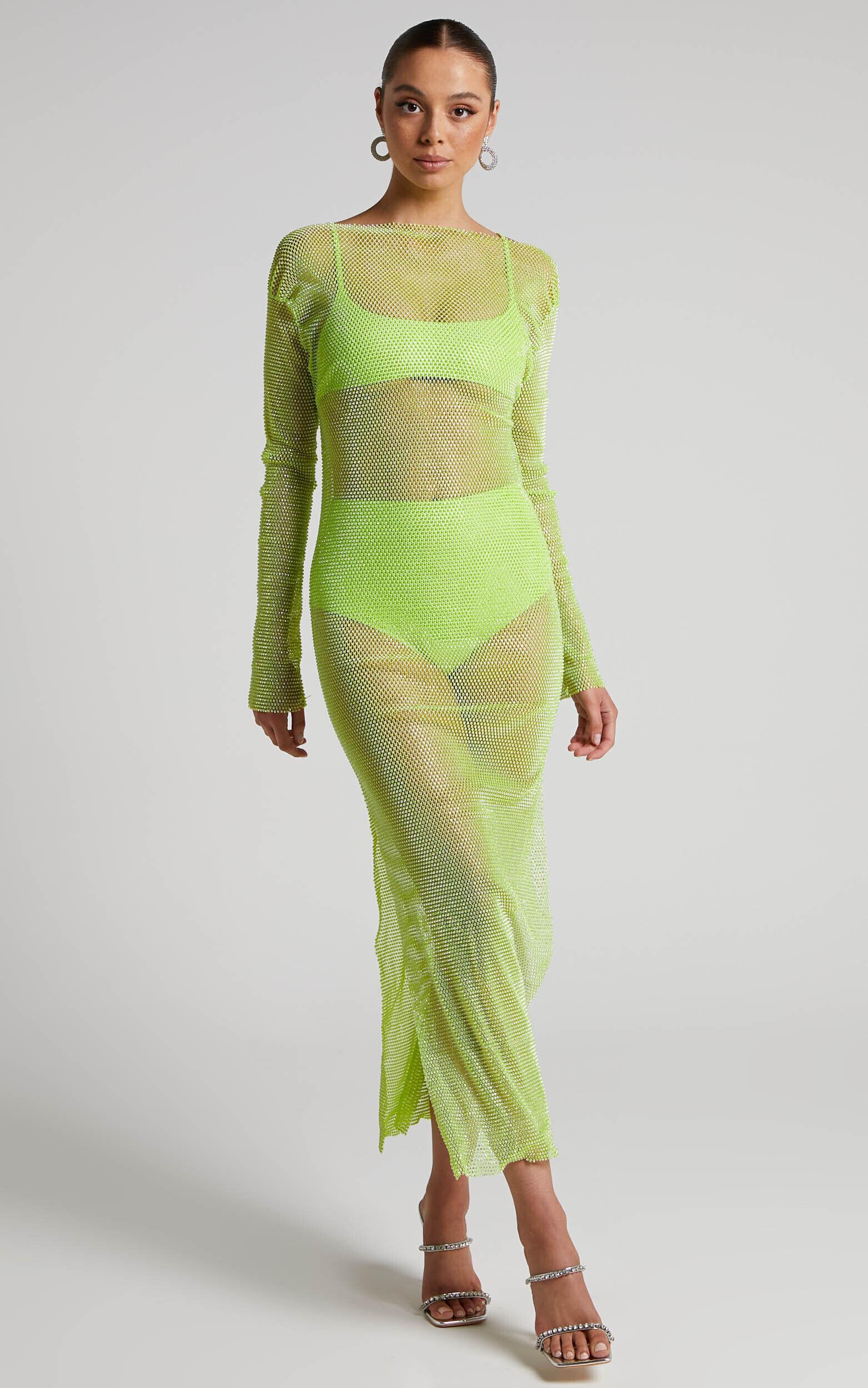 Karmen Midi Dress - Long Sleeve Split Diamante Mesh Dress in Lime Product Image