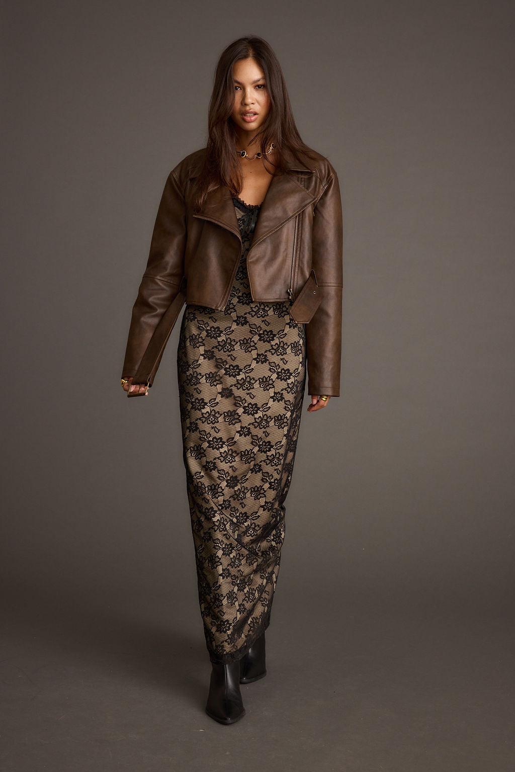 Mulholland Mocha Vegan Leather Moto Jacket Product Image