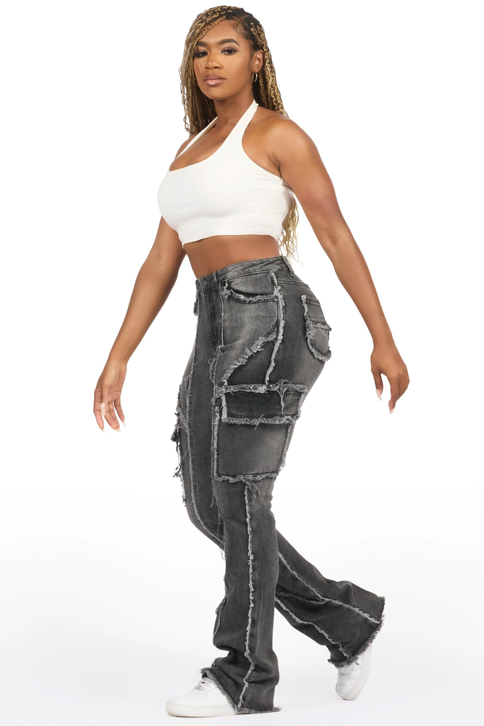 Keshia Dark Grey Wash Stacked Flare Jean Female Product Image