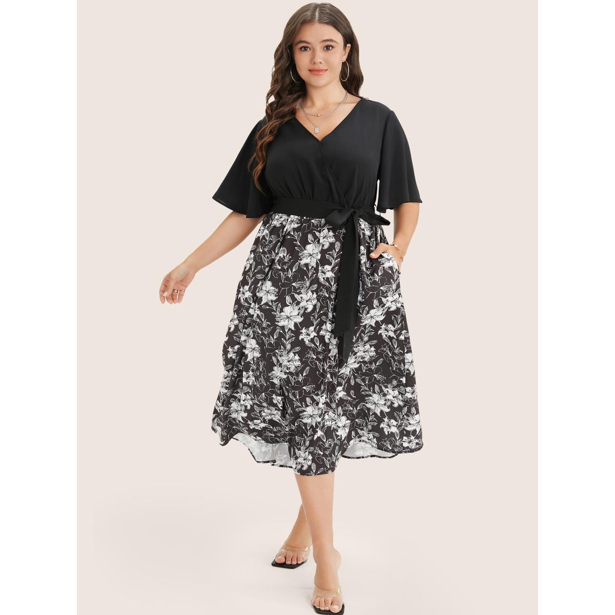 Plus Size Floral Patchwork Pocket Belt Surplice Neck Ruffle Hem Dress Black Women Timeless Patchwork V-neck Short sleeve Curvy Midi Dress BloomChic 12/L Product Image
