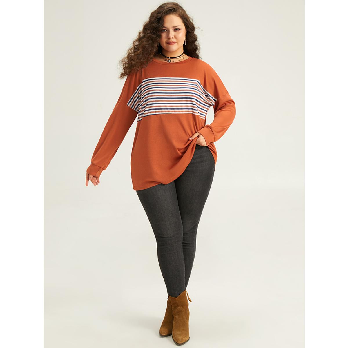 Plus Size Halloween Striped Patchwork Round Neck Drop Shoulder T-shirt Chocolate Women Casual Contrast Striped Round Neck Festival-Halloween T-shirts BloomChic 22-24/3X Product Image