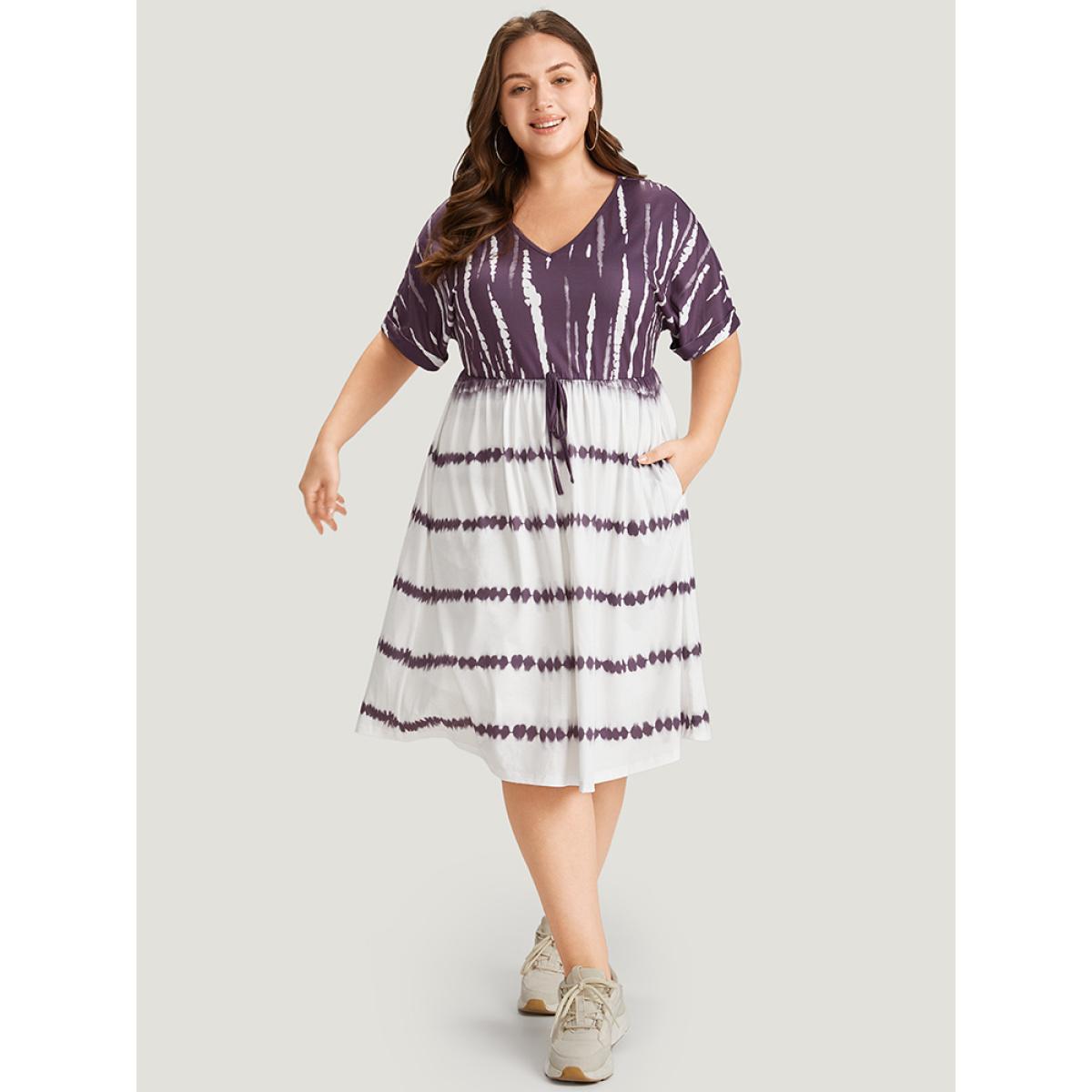 Plus Size Tie Dye Batwing Sleeve Pocket Knot Front Dress Mauve Women Casual Lined V-neck Short sleeve Curvy Midi Dress BloomChic 26/4X Product Image