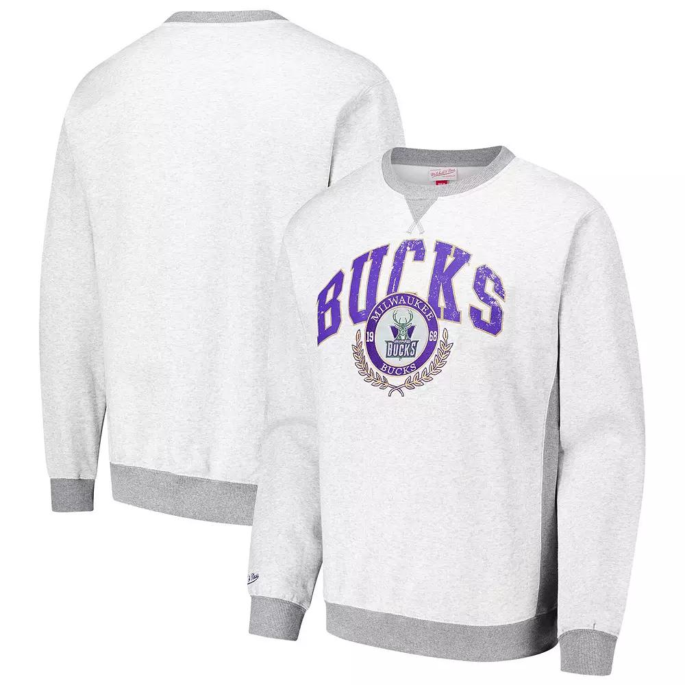 Men's Mitchell & Ness Heather Gray Milwaukee Bucks  Vintage Logo Pullover Sweatshirt, Size: 2XL, Grey Product Image
